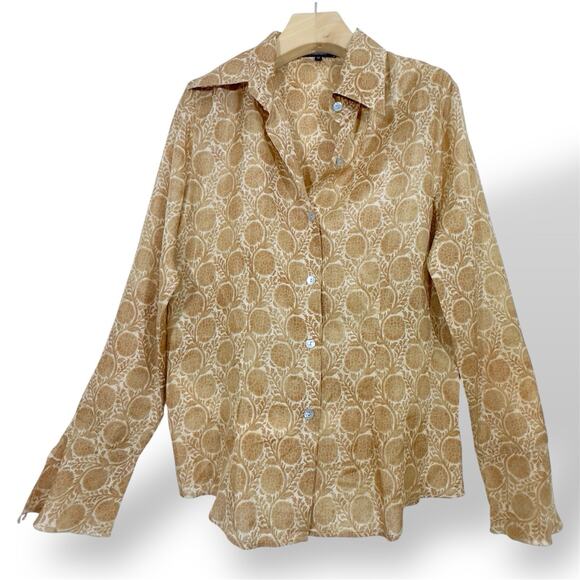 ZANELLA Platinum Silk Blouse Womens Gold Floral Print Button Down Shirt Italy 10 - Picture 1 of 7